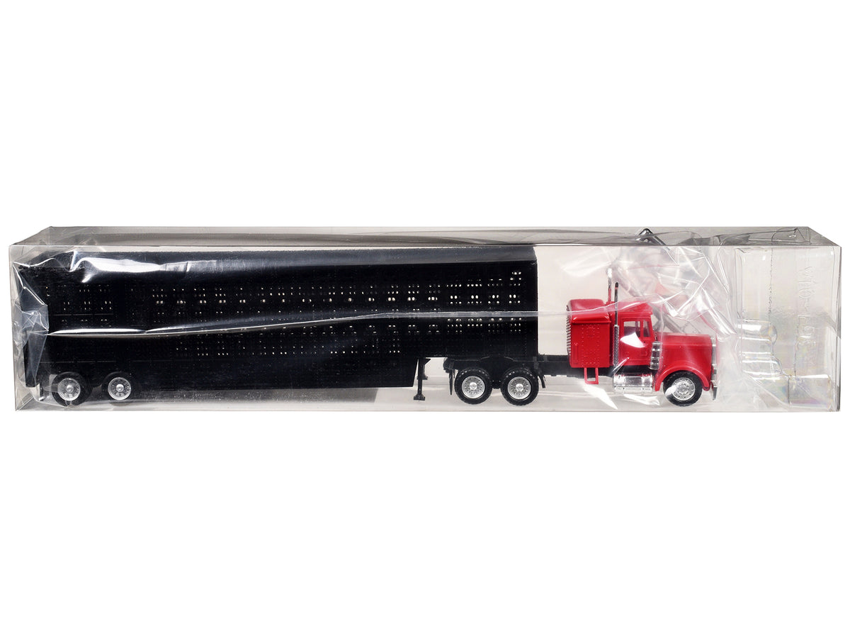 Peterbilt with Sleeper Cab Red with Black Livestock Trailer 1/87 (HO) Plastic Model Car by Promotex