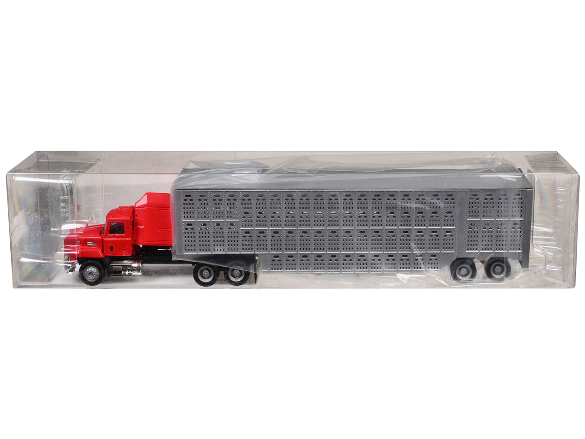 Mack CH 613 with Sleeper Cab Red with Silver Livestock Trailer 1/87 (HO) Plastic Model Car by Promotex