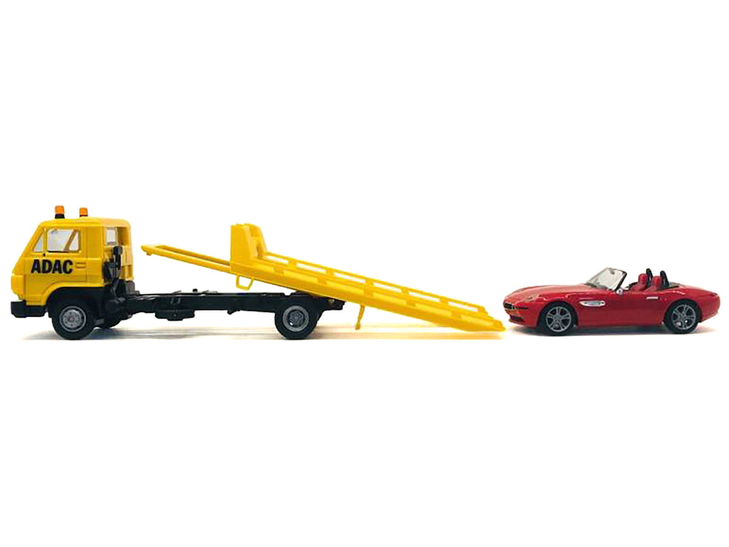 Flatbed Tow Truck 'ADAC' Yellow and BMW Z4 Convertible Red Set of 2 pieces 1/87 (HO) Plastic Model Cars by Promotex
