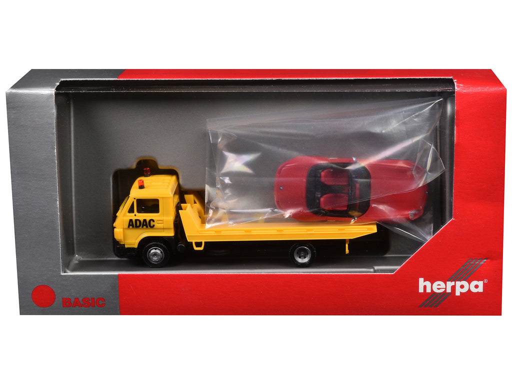 Flatbed Tow Truck 'ADAC' Yellow and BMW Z4 Convertible Red Set of 2 pieces 1/87 (HO) Plastic Model Cars by Promotex
