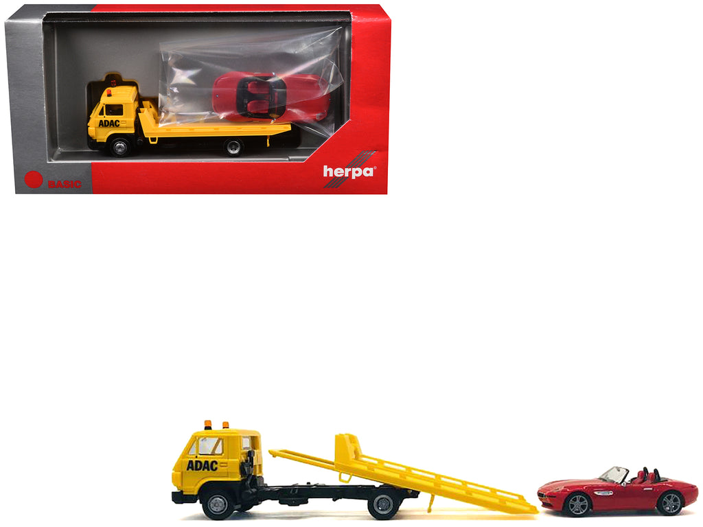 Flatbed Tow Truck 'ADAC' Yellow and BMW Z4 Convertible Red Set of 2 pieces 1/87 (HO) Plastic Model Cars by Promotex