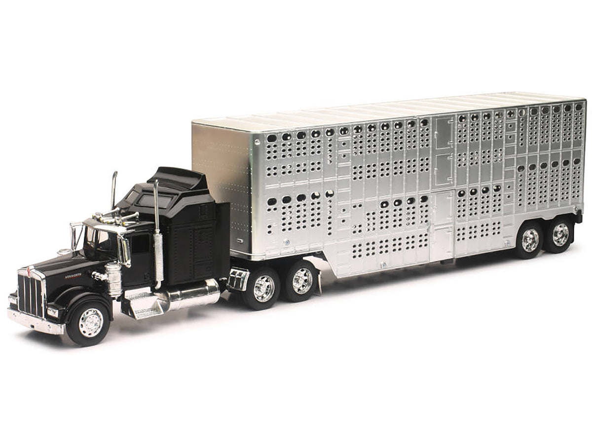 Kenworth W900 Truck Black with Pot Belly Livestock Chrome 'Long Haul Truckers' Series 1/32 Diecast Model by New Ray