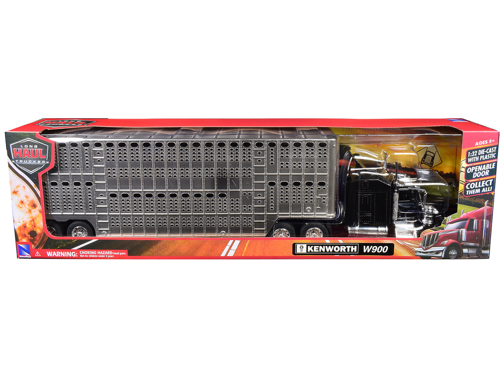 Kenworth W900 Truck Black with Pot Belly Livestock Chrome 'Long Haul Truckers' Series 1/32 Diecast Model by New Ray