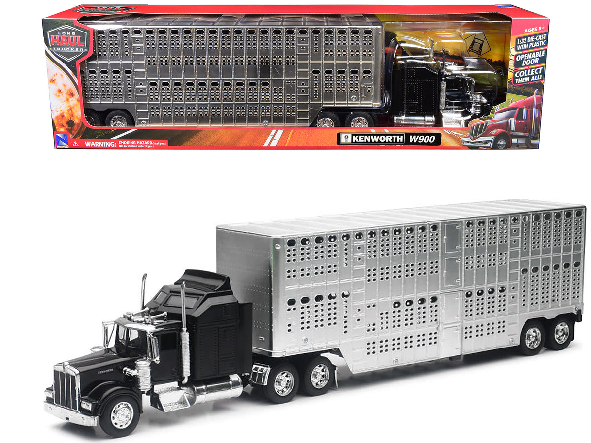 Kenworth W900 Truck Black with Pot Belly Livestock Chrome 'Long Haul Truckers' Series 1/32 Diecast Model by New Ray