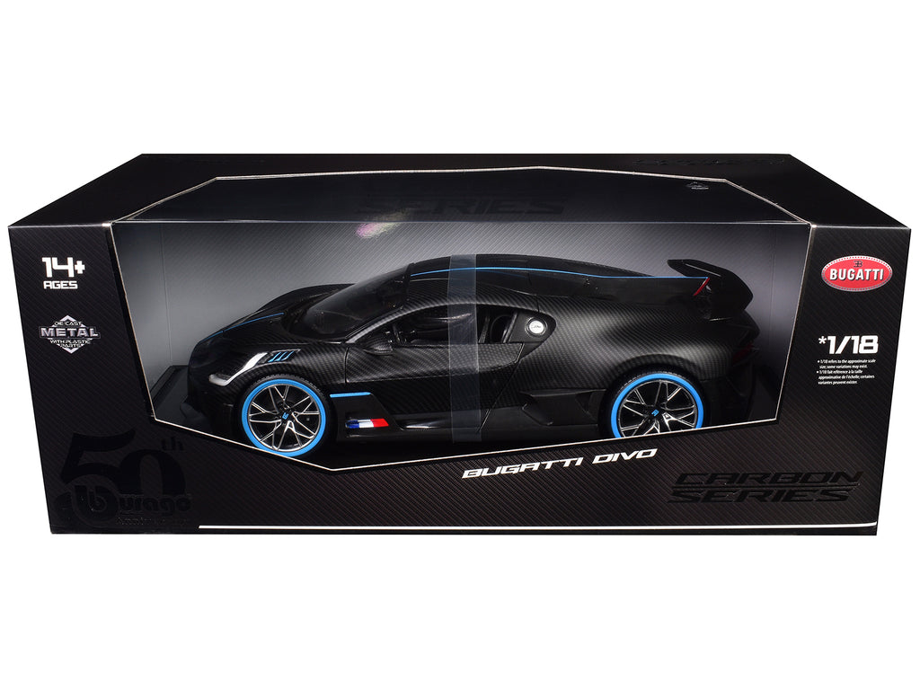 Bugatti Divo Carbon Fiber with Blue Accents 'Carbon Series - Bburago 50th Anniversary' 1/18 Diecast Model Car by Bburago