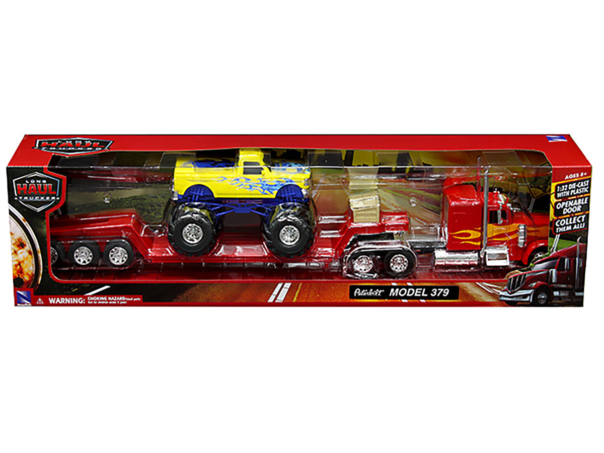 Peterbilt 379 Truck with Lowboy Trailer Red with Orange Flames and Monster Truck Yellow with Blue Flames 'Long Haul Truckers' Series 1/32 Diecast Model by New Ray