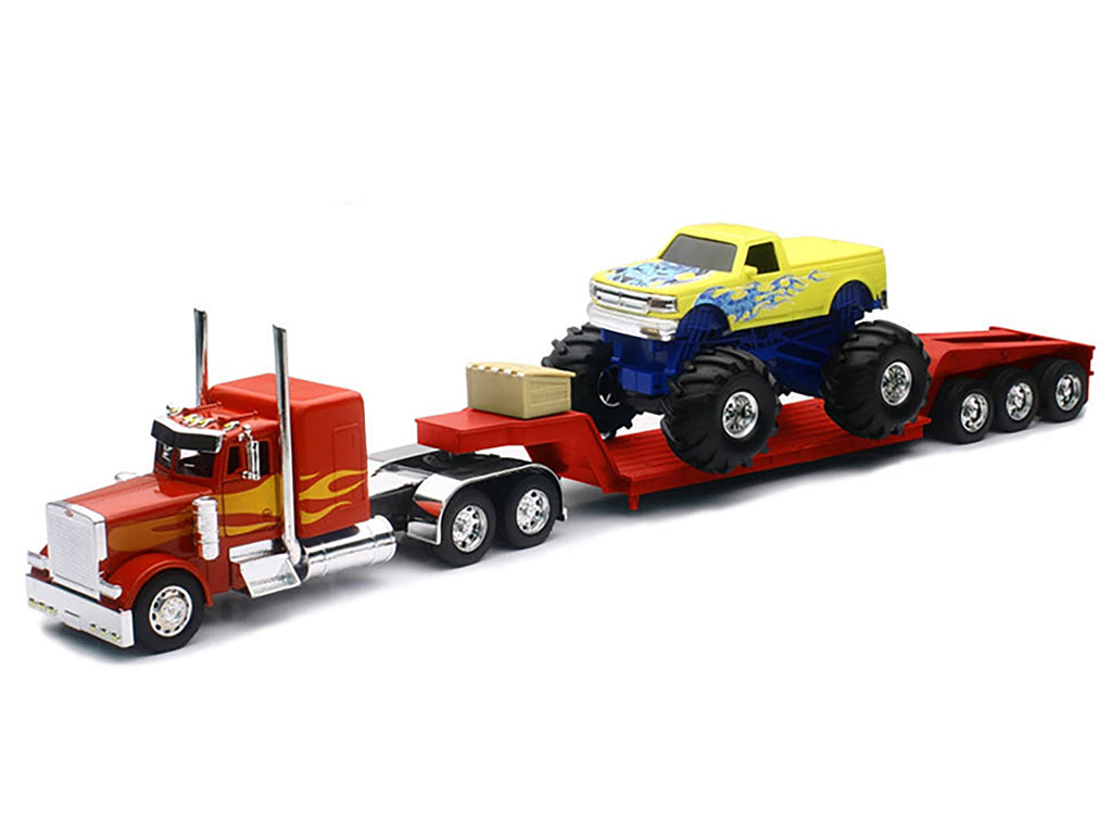 Peterbilt 379 Truck with Lowboy Trailer Red with Orange Flames and Monster Truck Yellow with Blue Flames 'Long Haul Truckers' Series 1/32 Diecast Model by New Ray