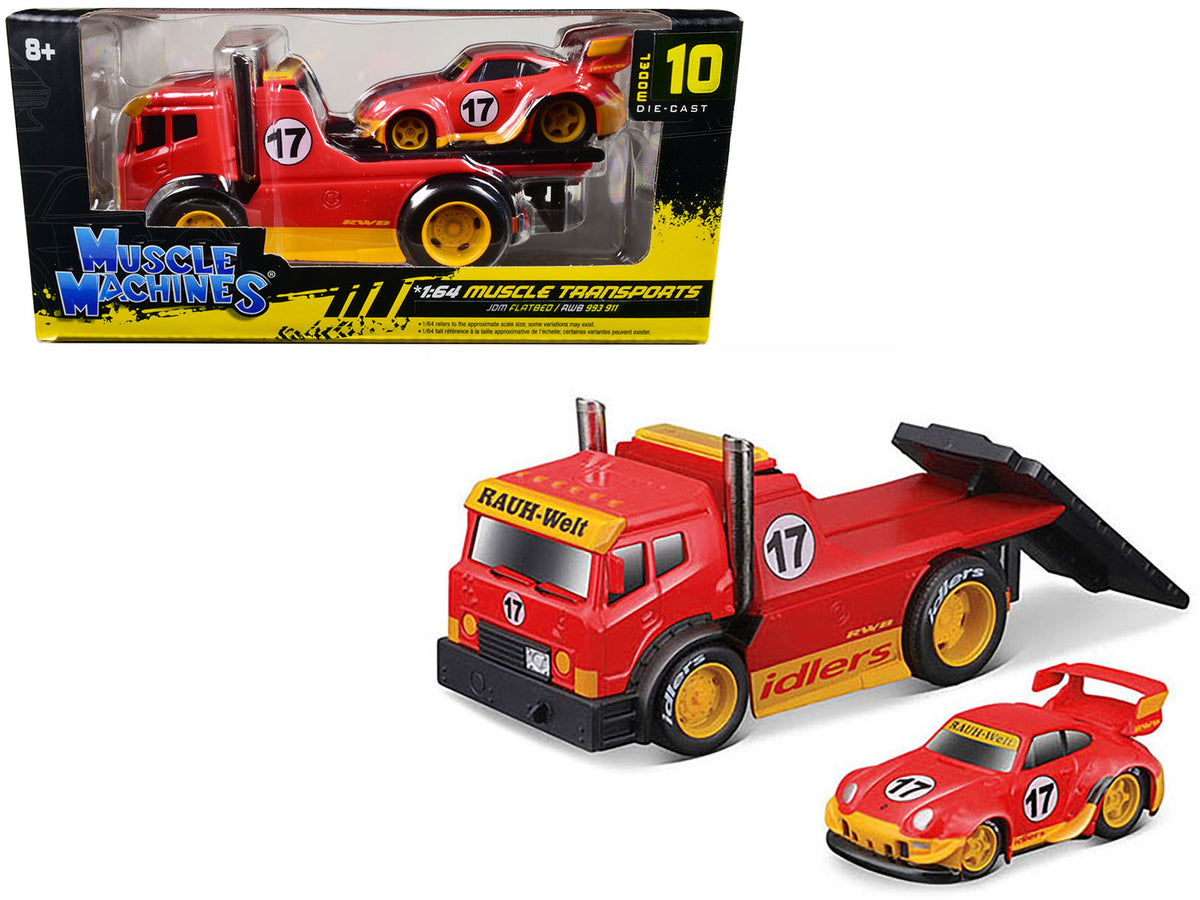 JDM Flatbed Truck #17 Red 'RAUH-Welt BEGRIFF' and Porsche RWB 911 993 #17 Red 'Muscle Transports' Series 1/64 Diecast Model Cars by Muscle Machines