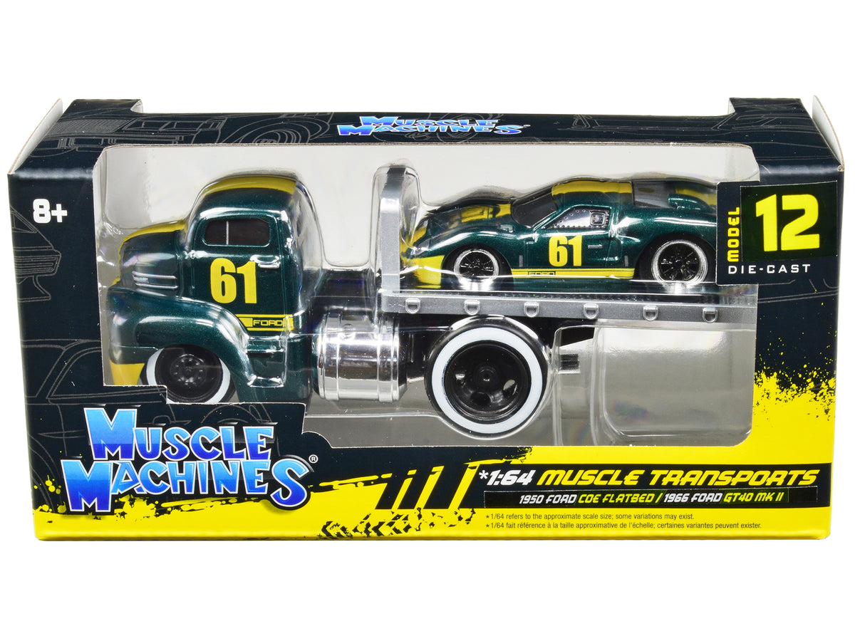 1950 Ford COE Flatbed Truck #61 and 1966 Ford GT40 MK II #61 Green Metallic with Yellow Stripes 'Muscle Transports' Series 1/64 Diecast Model Cars by Muscle Machines