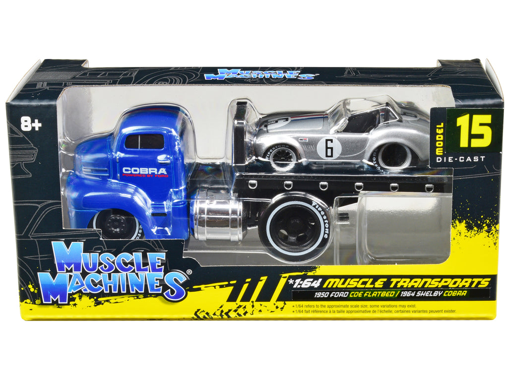 1950 Ford COE Flatbed Truck Blue 'Cobra Powered by Ford' and 1964 Shelby Cobra #6 Silver Metallic with Stripes 'Muscle Transports' Series 1/64 Diecast Model Cars by Muscle Machines