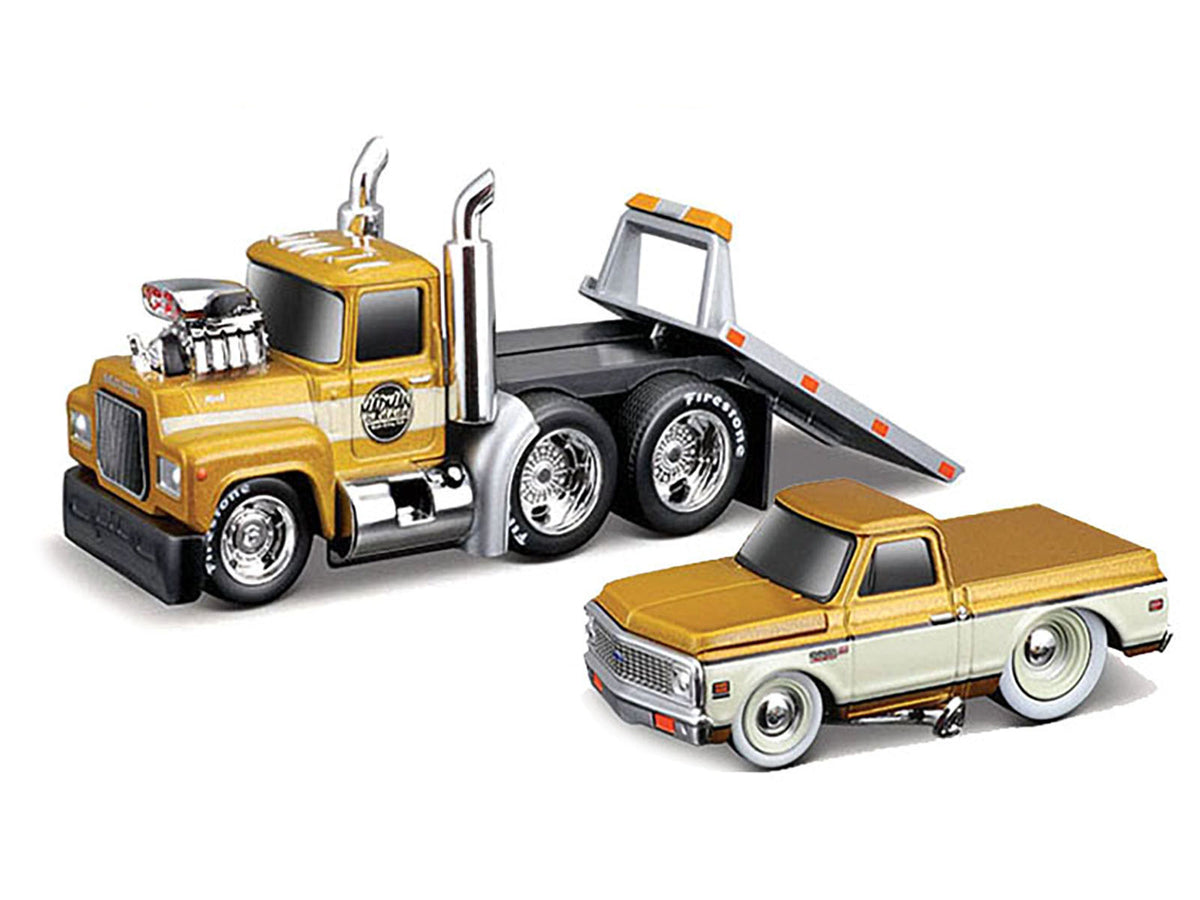 1980 Mack A685ST Flatbed Truck Gold Metallic with Beige Stripes 'Madman Garage' and 1972 Chevrolet C10 Pickup Truck Gold Metallic and Beige 'Muscle Transports' Series 1/64 Diecast Models by Muscle Machines