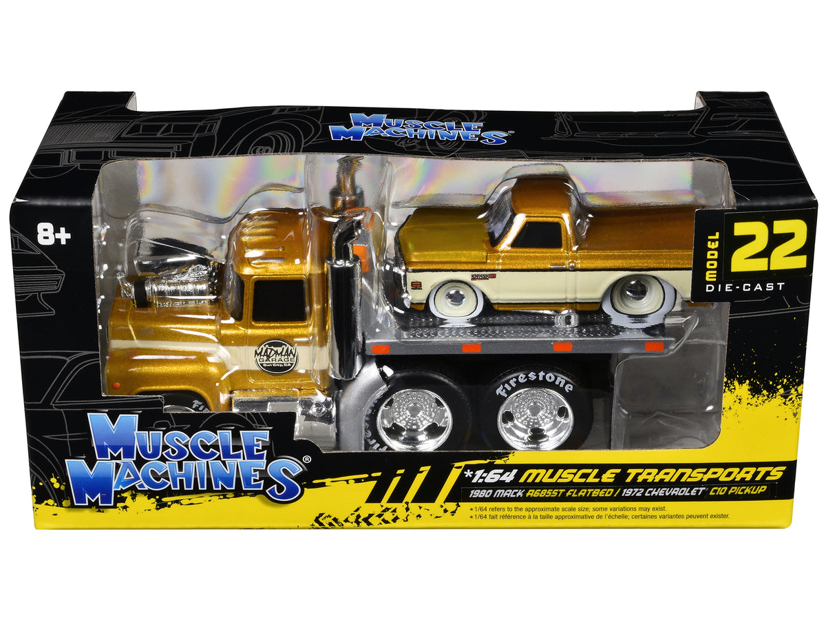 1980 Mack A685ST Flatbed Truck Gold Metallic with Beige Stripes 'Madman Garage' and 1972 Chevrolet C10 Pickup Truck Gold Metallic and Beige 'Muscle Transports' Series 1/64 Diecast Models by Muscle Machines