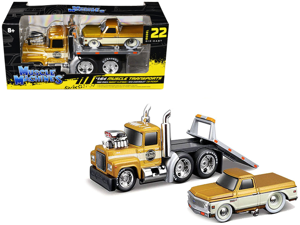 1980 Mack A685ST Flatbed Truck Gold Metallic with Beige Stripes 'Madman Garage' and 1972 Chevrolet C10 Pickup Truck Gold Metallic and Beige 'Muscle Transports' Series 1/64 Diecast Models by Muscle Machines