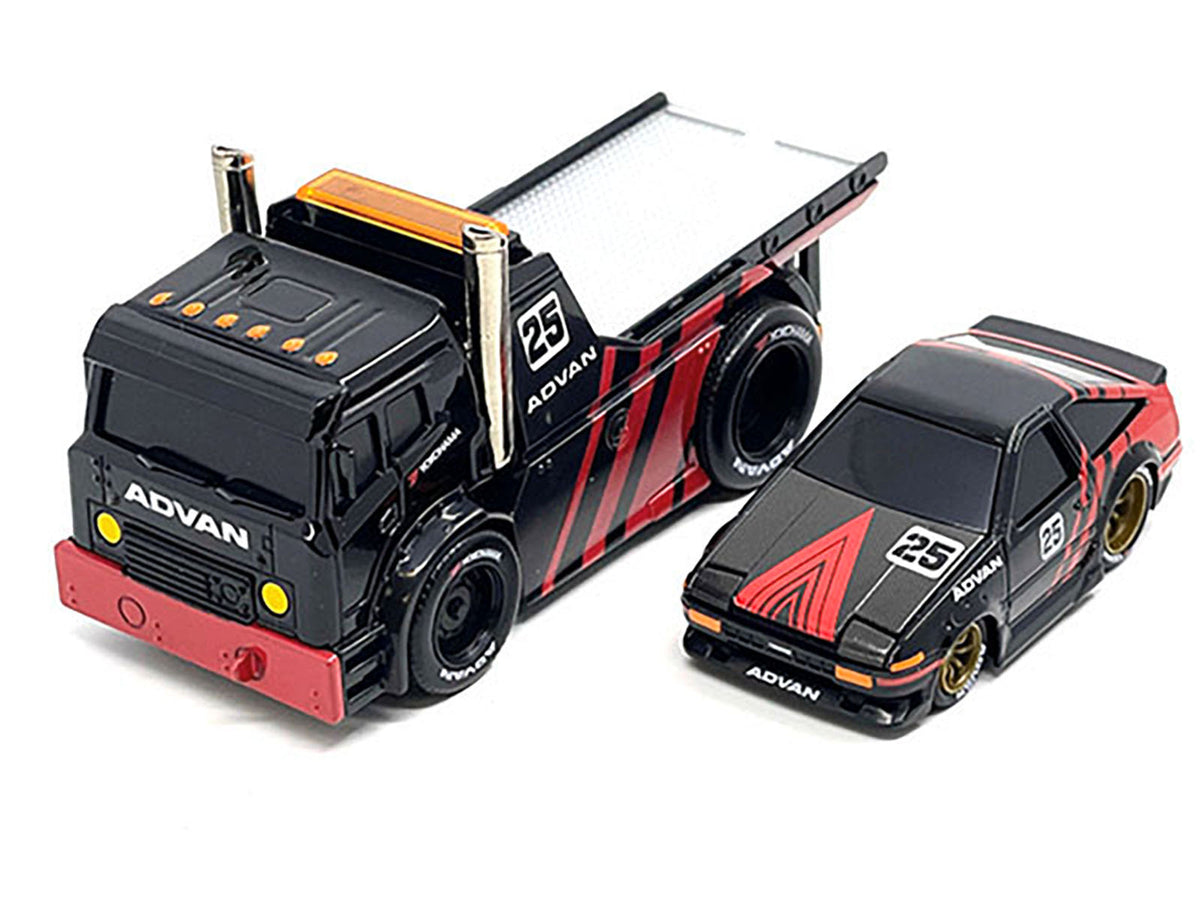JDM Flatbed Truck #25 Black and Red and 1983-85 Toyota Trueno Sprinter (AE86) #25 Black and Red 'Advan' Livery 'Muscle Transports' Series 1/64 Diecast Models by Muscle Machines