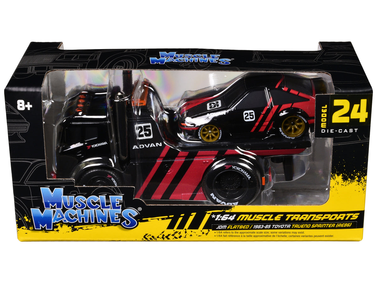 JDM Flatbed Truck #25 Black and Red and 1983-85 Toyota Trueno Sprinter (AE86) #25 Black and Red 'Advan' Livery 'Muscle Transports' Series 1/64 Diecast Models by Muscle Machines