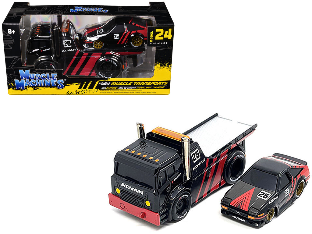 JDM Flatbed Truck #25 Black and Red and 1983-85 Toyota Trueno Sprinter (AE86) #25 Black and Red 'Advan' Livery 'Muscle Transports' Series 1/64 Diecast Models by Muscle Machines