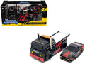 JDM Flatbed Truck #25 Black and Red and 1983-85 Toyota Trueno Sprinter (AE86) #25 Black and Red 'Advan' Livery 'Muscle Transports' Series 1/64 Diecast Models by Muscle Machines