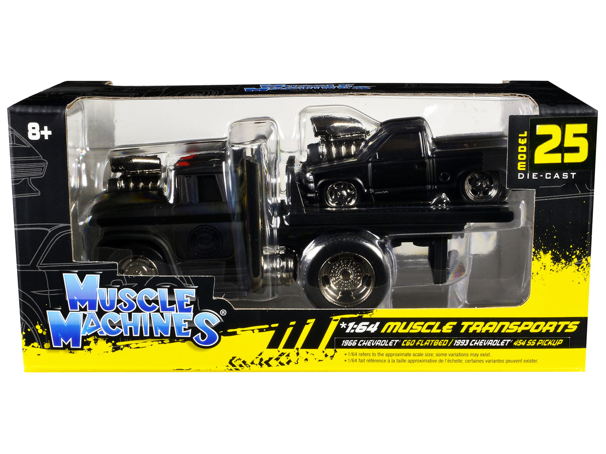 1966 Chevrolet C60 Flatbed Truck Matt Black and 1993 Chevrolet 454 SS Pickup Truck Matt Black 'Muscle Transports' Series 1/64 Diecast Models by Muscle Machines