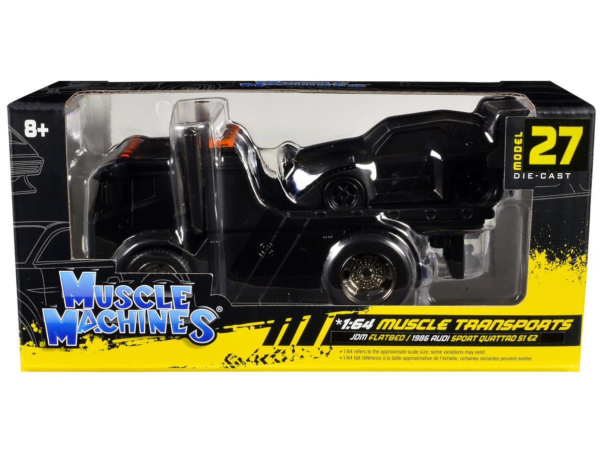 JDM Flatbed Truck Matt Black and 1986 Audi Sport Quattro S1 E2 Matt Black 'Muscle Transports' Series 1/64 Diecast Models by Muscle Machines