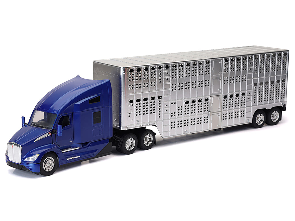 Kenworth T680 Truck Blue Metallic with Livestock Trailer Chrome 'Long Haul Trucker' Series 1/32 Diecast Model by New Ray