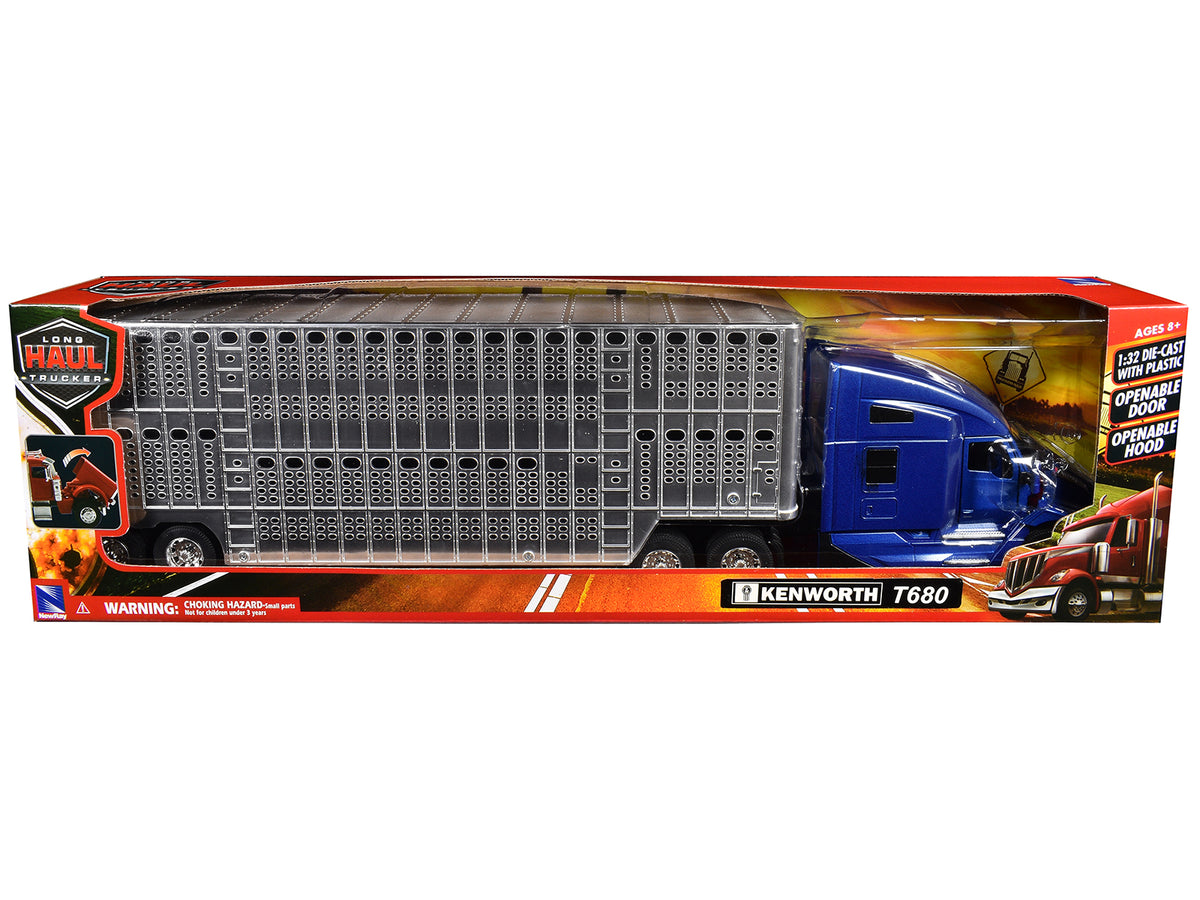 Kenworth T680 Truck Blue Metallic with Livestock Trailer Chrome 'Long Haul Trucker' Series 1/32 Diecast Model by New Ray