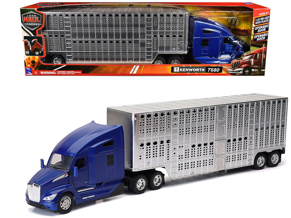 Kenworth T680 Truck Blue Metallic with Livestock Trailer Chrome 'Long Haul Trucker' Series 1/32 Diecast Model by New Ray