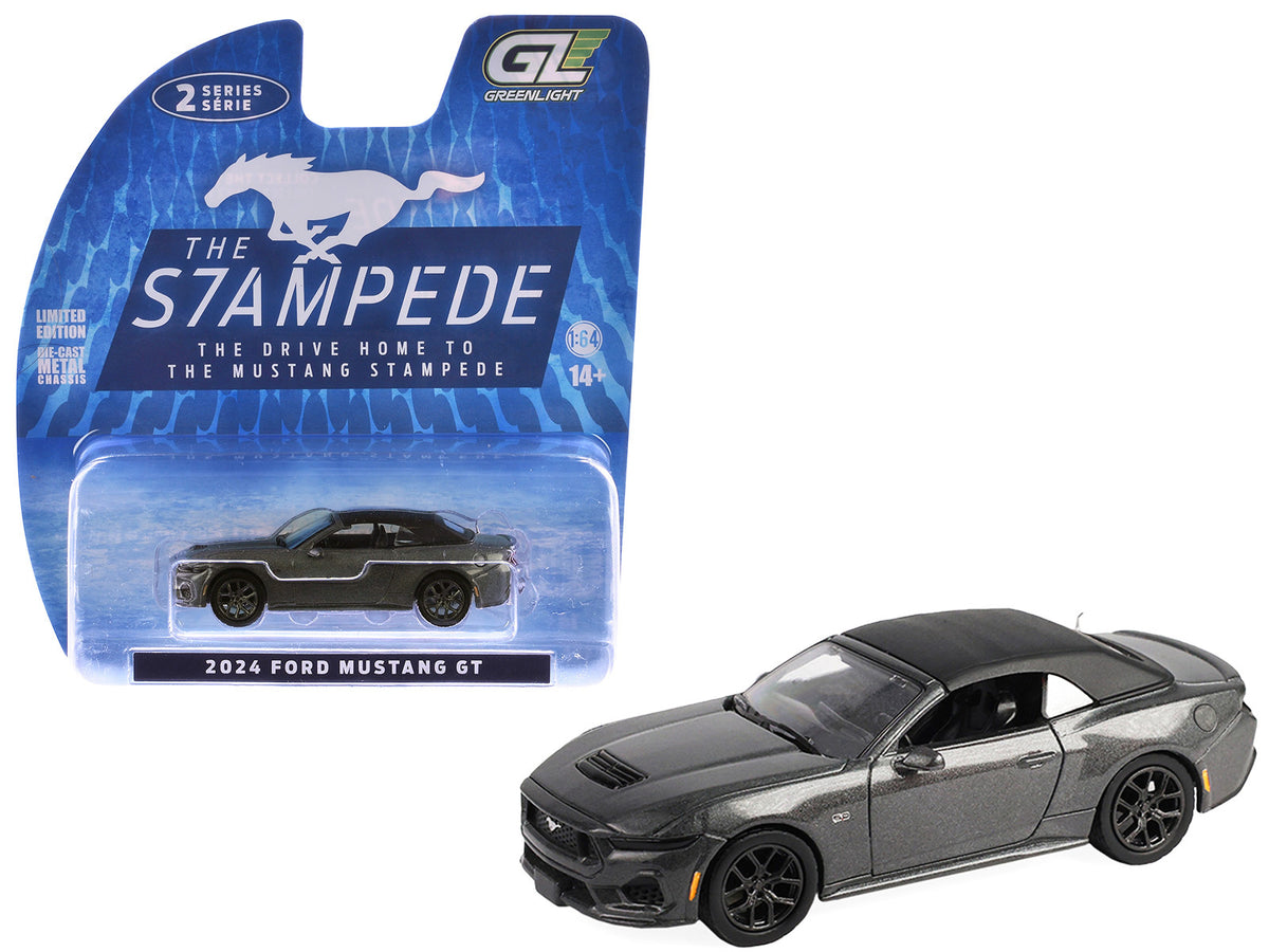 2024 Ford Mustang GT 5.0 Convertible Dark Matter Gray Metallic with Black Soft Top 'Stampede' Series 2 1/64 Diecast Model Car by Greenlight