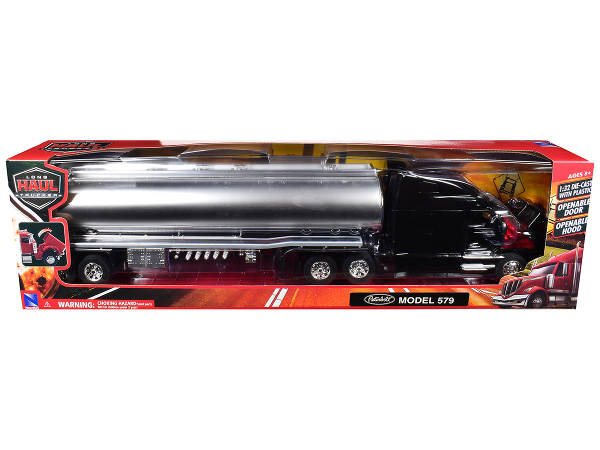 Peterbilt 579 Truck Black with Tanker Trailer Silver 'Long Haul Truckers' Series 1/32 Diecast Model by New Ray