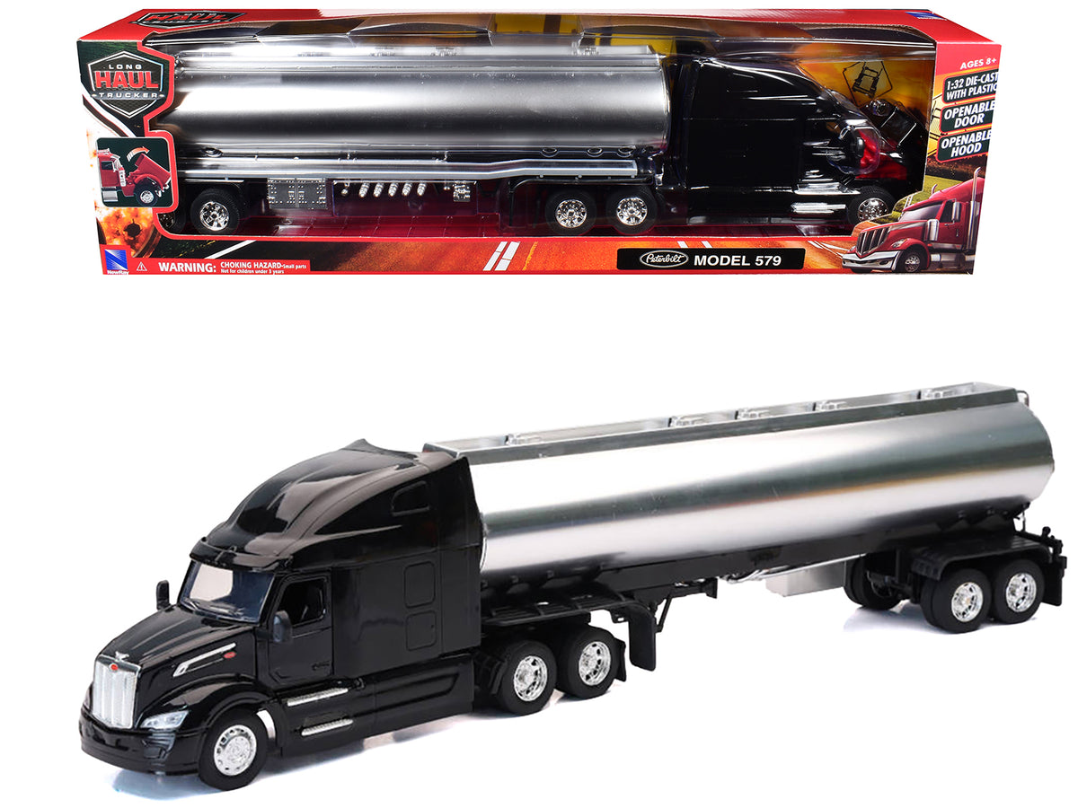 Peterbilt 579 Truck Black with Tanker Trailer Silver 'Long Haul Truckers' Series 1/32 Diecast Model by New Ray