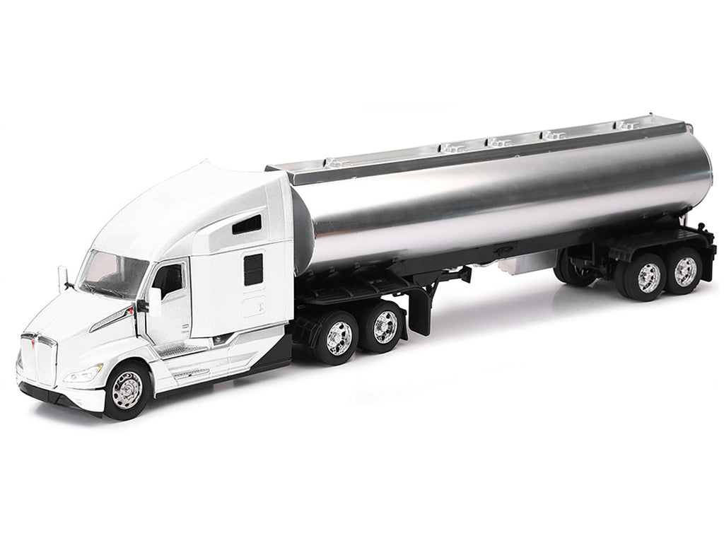 Kenworth T680 Truck White with Oil Tanker Trailer Chrome 'Long Haul Trucker' Series 1/32 Diecast Model by New Ray