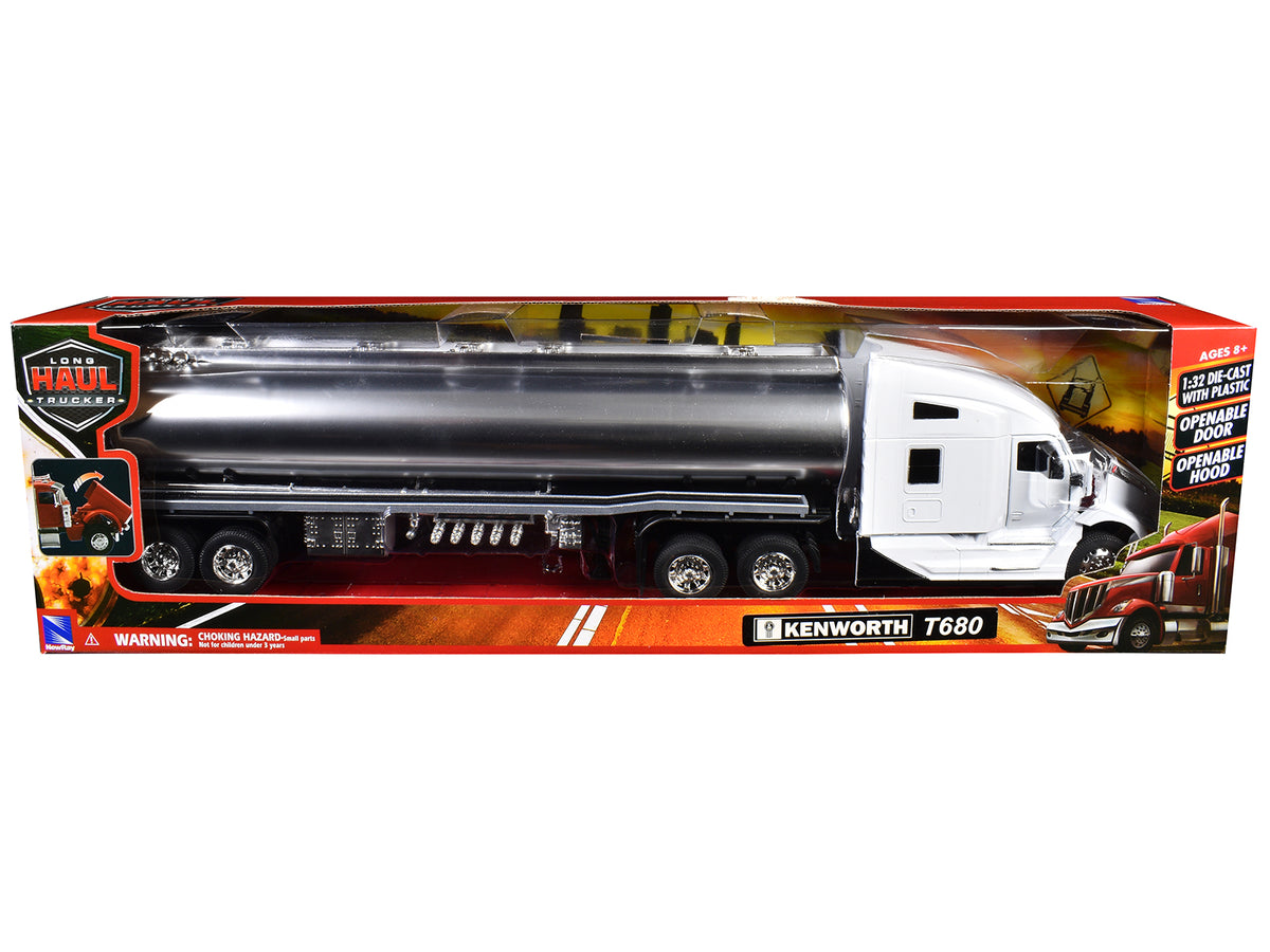 Kenworth T680 Truck White with Oil Tanker Trailer Chrome 'Long Haul Trucker' Series 1/32 Diecast Model by New Ray