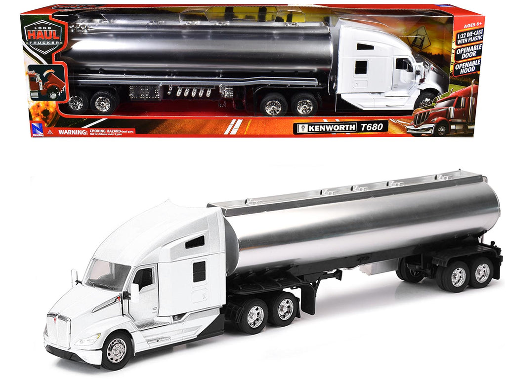Kenworth T680 Truck White with Oil Tanker Trailer Chrome 'Long Haul Trucker' Series 1/32 Diecast Model by New Ray