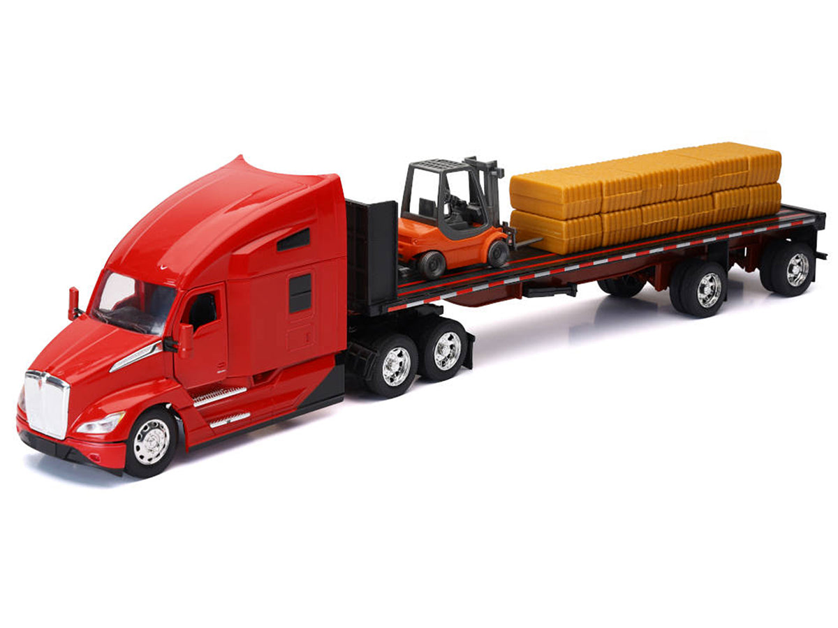 Kenworth T680 Truck Red and Flatbed Trailer with Forklift and Hay Load 'Long Haul Trucker' Series 1/32 Diecast Model by New Ray