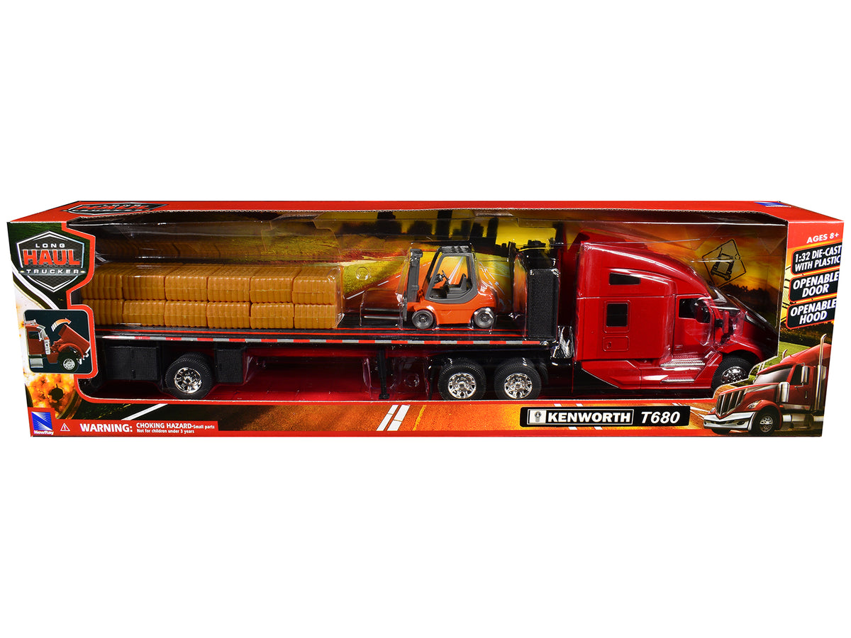 Kenworth T680 Truck Red and Flatbed Trailer with Forklift and Hay Load 'Long Haul Trucker' Series 1/32 Diecast Model by New Ray