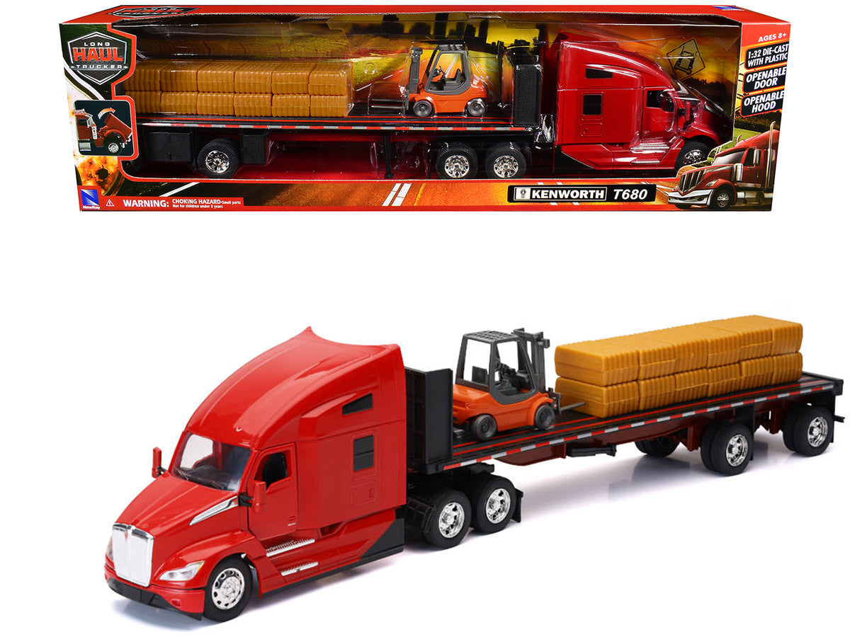 Kenworth T680 Truck Red and Flatbed Trailer with Forklift and Hay Load 'Long Haul Trucker' Series 1/32 Diecast Model by New Ray