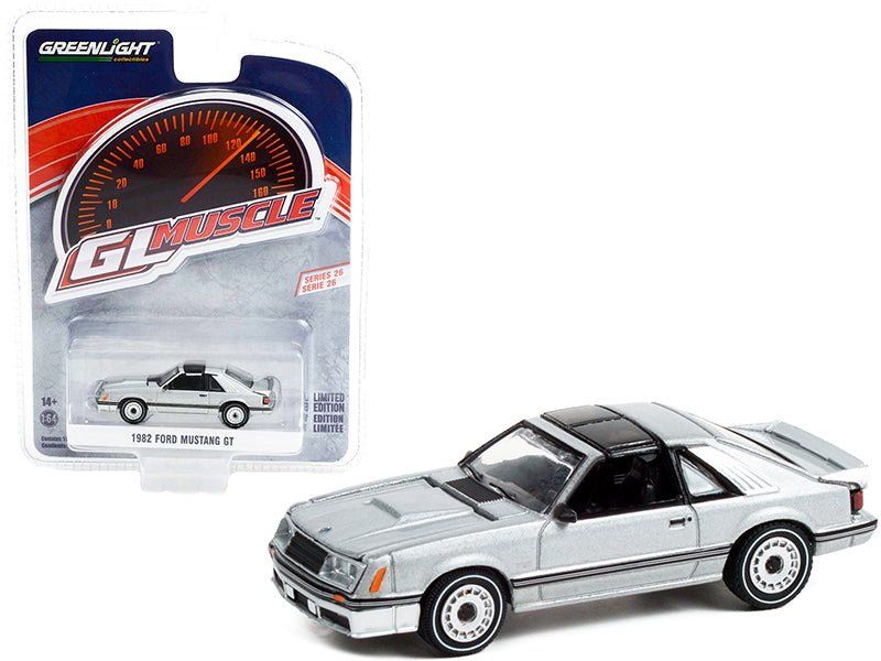 1982 Ford Mustang GT 5.0 Silver Metallic with Black Stripes 'Greenlight Muscle' Series 26 1/64 Diecast Model Car by Greenlight