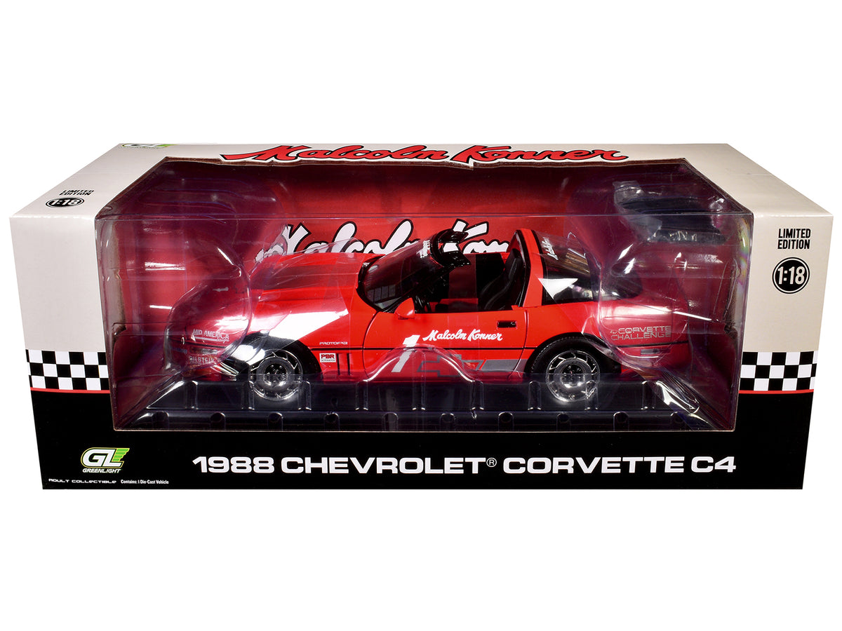 1988 Chevrolet Corvette C4 #1 Malcolm Konner 'Corvette Challenge Race Car' Red with Black Top 1/18 Diecast Model Car by Greenlight