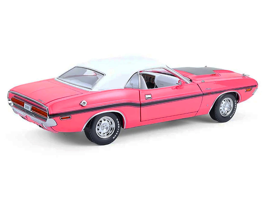 1970 Dodge Challenger R/T 440 Six Pack Panther Pink with Black Stripes White Top and White Interior 1/18 Diecast Model Car by Greenlight