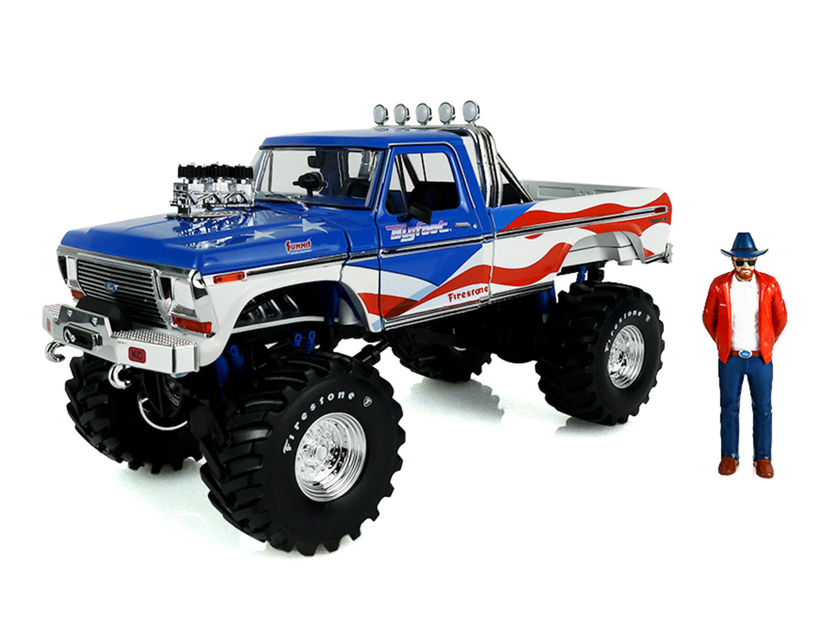 1979 Ford F-250 Monster Truck 'Bigfoot USA 250 Tribute' Blue with USA Flag Graphics and Bob Chandler Standing Figure 'Kings of Crunch' Series 1/18 Diecast Model Car by Greenlight