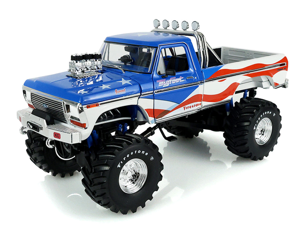 1979 Ford F-250 Monster Truck 'Bigfoot USA 250 Tribute' Blue with USA Flag Graphics and Bob Chandler Standing Figure 'Kings of Crunch' Series 1/18 Diecast Model Car by Greenlight