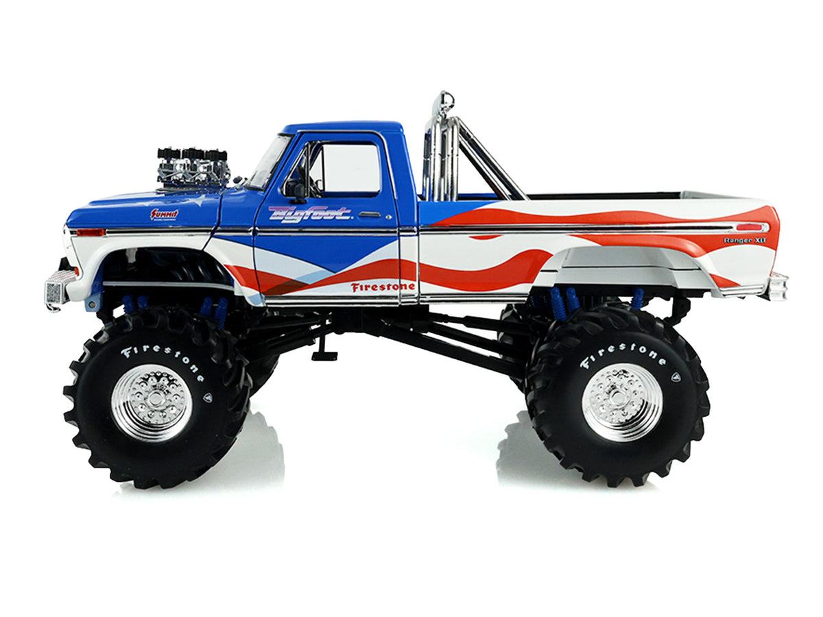1979 Ford F-250 Monster Truck 'Bigfoot USA 250 Tribute' Blue with USA Flag Graphics and Bob Chandler Standing Figure 'Kings of Crunch' Series 1/18 Diecast Model Car by Greenlight