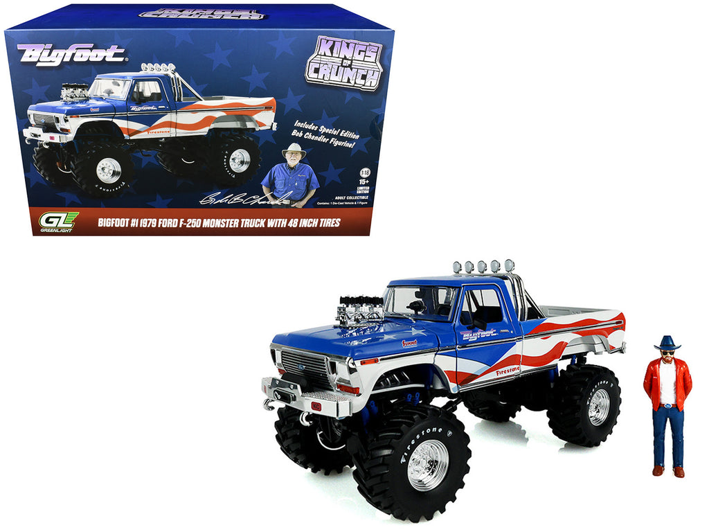 1979 Ford F-250 Monster Truck 'Bigfoot USA 250 Tribute' Blue with USA Flag Graphics and Bob Chandler Standing Figure 'Kings of Crunch' Series 1/18 Diecast Model Car by Greenlight
