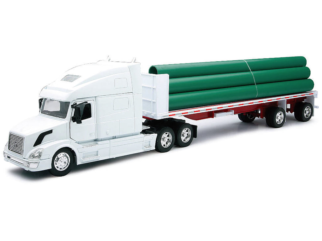 Volvo VN-780 Truck with Flatbed Trailer and Long Pipes White 'Long Haul Truckers' Series 1/32 Diecast Model by New Ray
