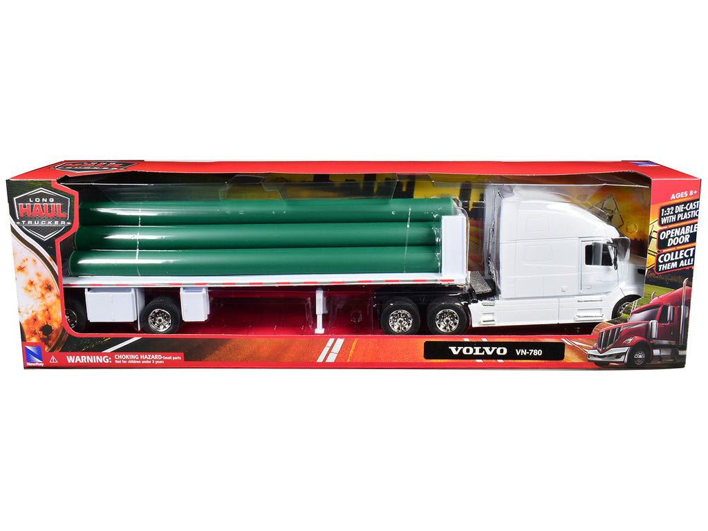 Volvo VN-780 Truck with Flatbed Trailer and Long Pipes White 'Long Haul Truckers' Series 1/32 Diecast Model by New Ray