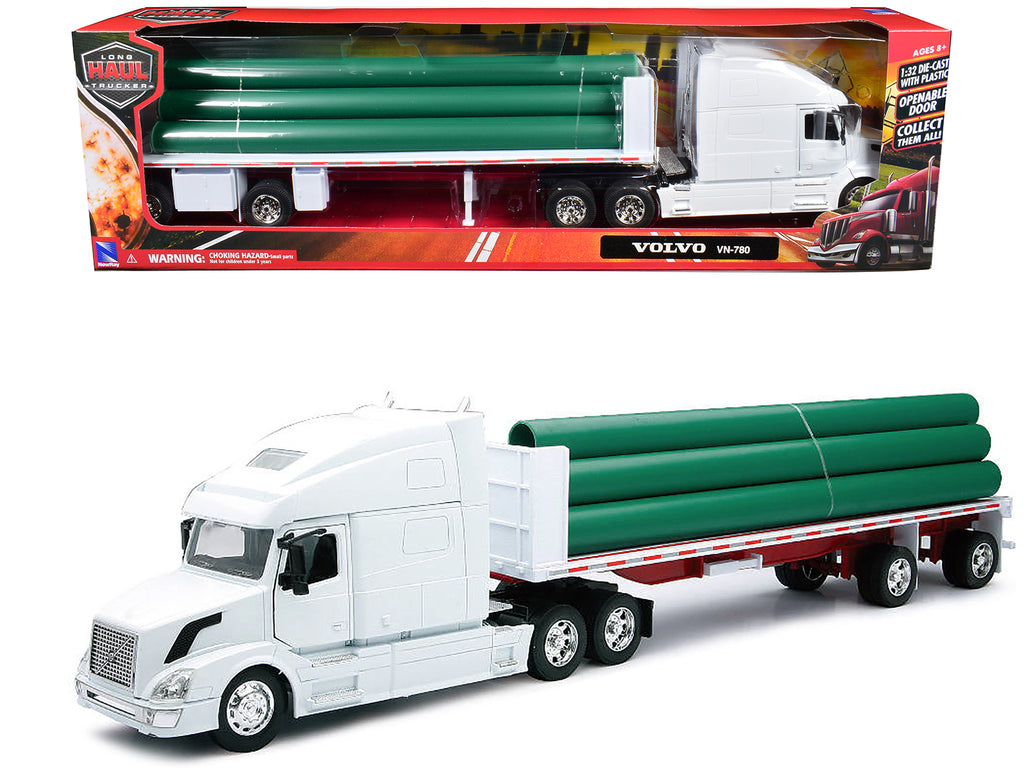 Volvo VN-780 Truck with Flatbed Trailer and Long Pipes White 'Long Haul Truckers' Series 1/32 Diecast Model by New Ray
