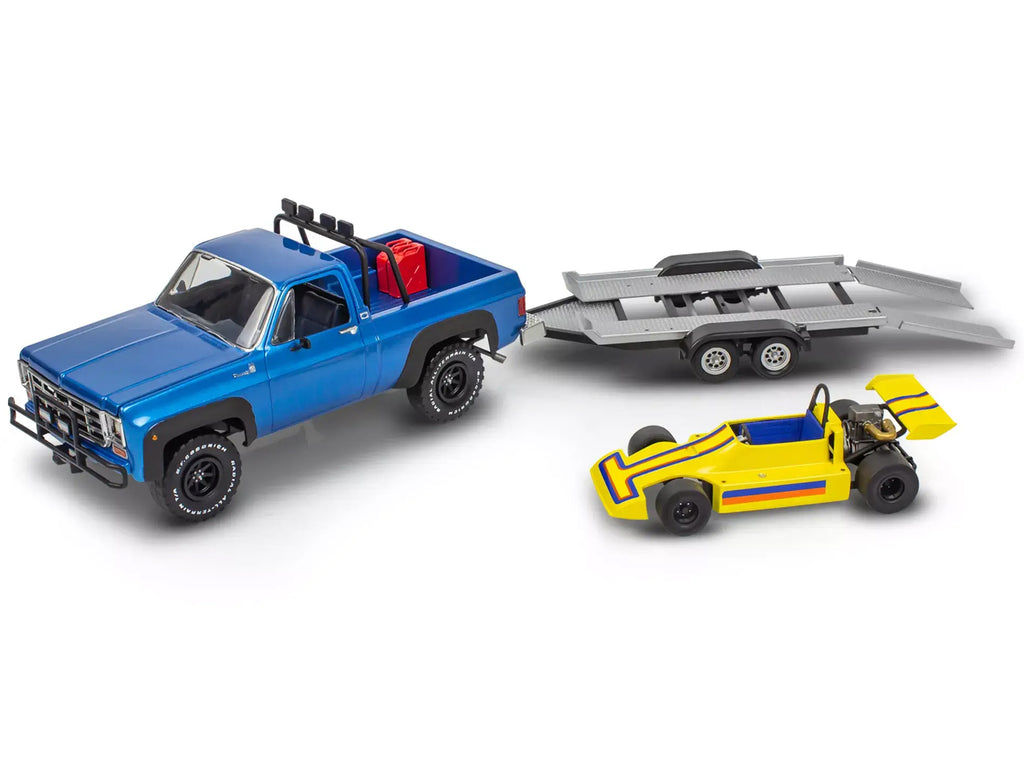 Level 3 Model Kit 1978 Chevrolet Off-Road 4x4 Pickup Truck and 'Malibu Grand Prix' Virage with Trailer 'Fantasy Formula' 1/25 Scale Model by Revell