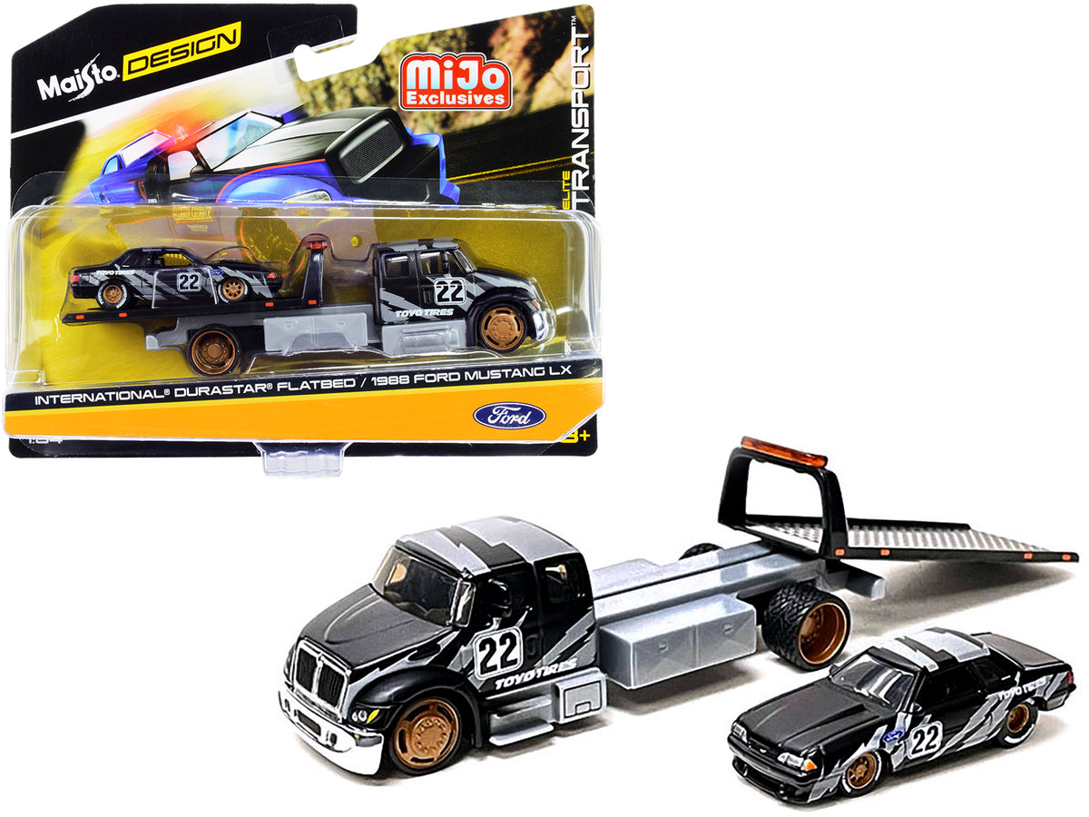 International DuraStar Flatbed Truck #22 and 1988 Ford Mustang LX #22 Matt Black with Gray Graphics 'Toyo Tires' 'Elite Transport' Series 1/64 Diecast Models by Maisto
