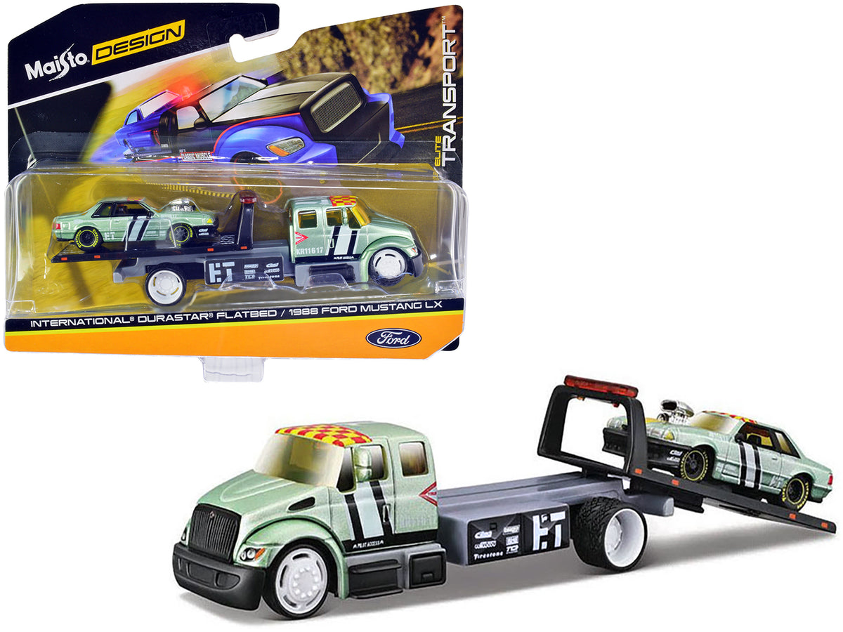 International DuraStar Flatbed Truck #17 and 1988 Ford Mustang LX #17 Light Green Metallic with Stripes and Graphics 'Elite Transport' Series 1/64 Diecast Models by Maisto