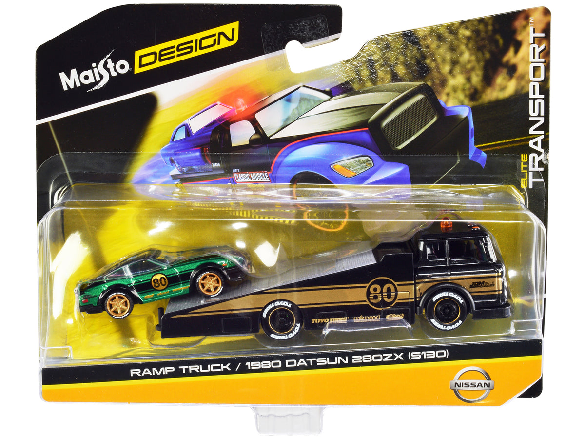 Ramp Truck #80 Dark Gray Metallic with Gold Metallic Stripes 'JDM Garage' and 1980 Datsun 280ZX (S130) #80 Green Metallic with Stripes 'Elite Transport' Series 1/64 Diecast Models by Maisto