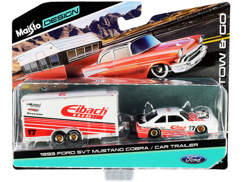 1993 Ford SVT Mustang Cobra #17 with Enclosed Car Trailer 'Eibach' White with Red Stripes 'Tow & Go' Series 1/64 Diecast Model Cars by Maisto